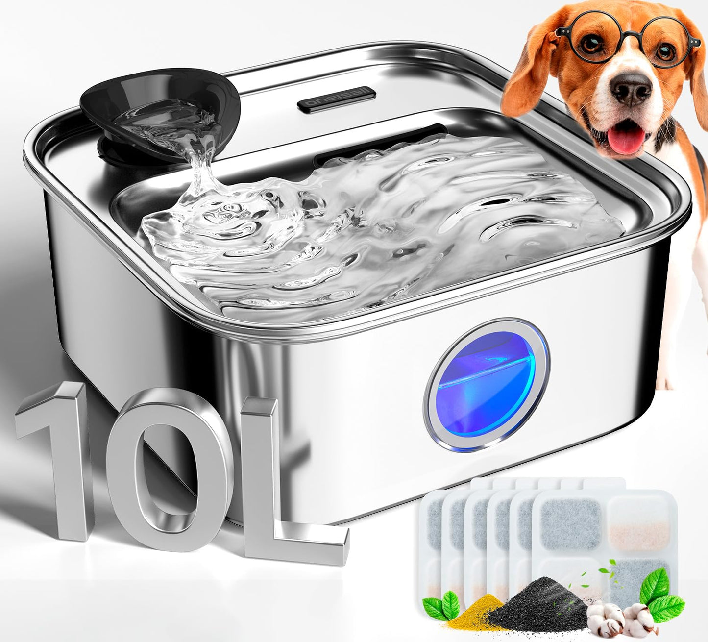 oneisall Dog Water Fountain for Large Dogs, 10L/2.6Gal Dog Fountain Water Bowl with Multi-Filtration & Deeper Drinking Aera, Large pet Water Fountain with Water Window & LED, Ultra-Quiet