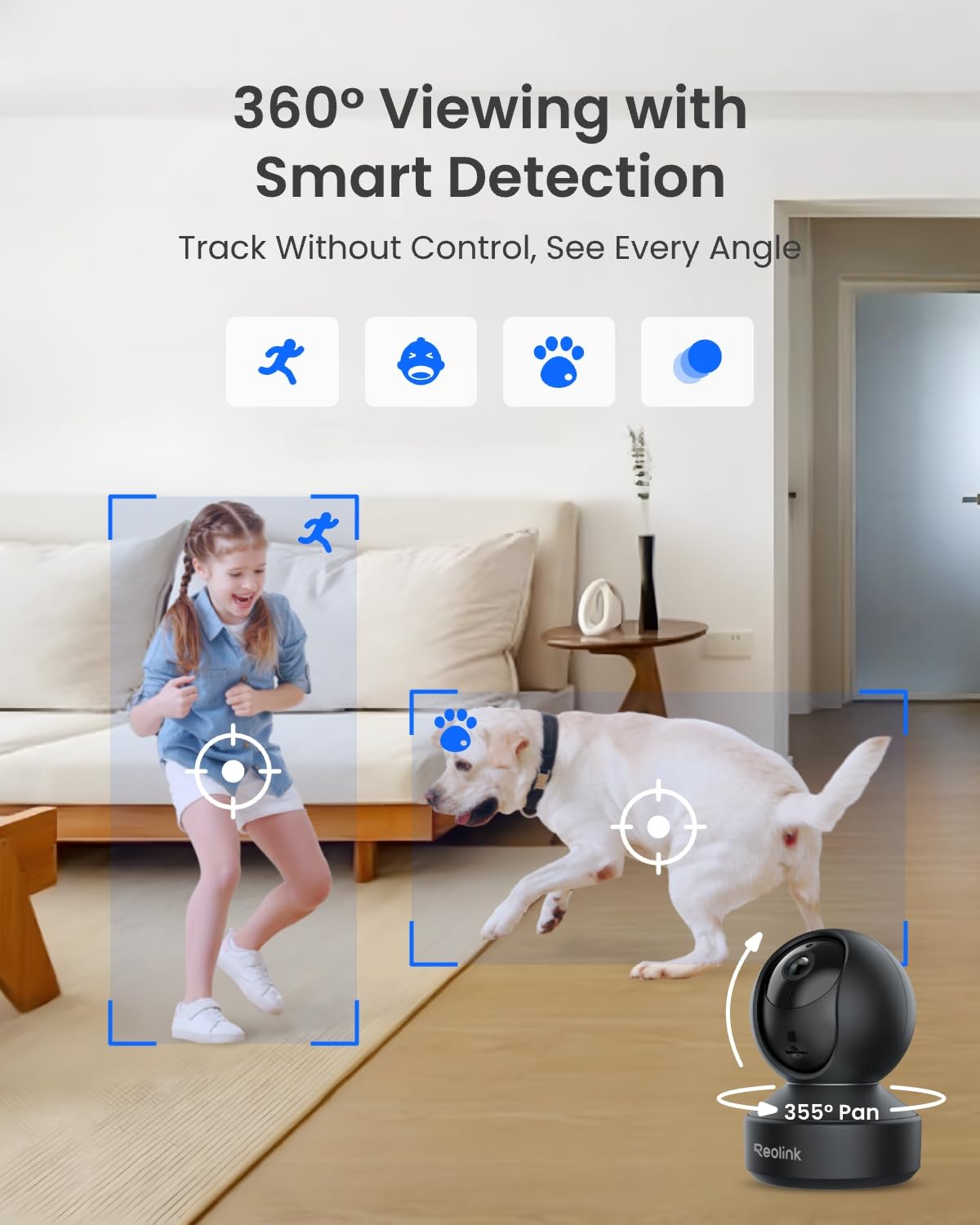 REOLINK Indoor Security Camera Support 2.4/5 GHz Wi-Fi, E1 Pro 4MP HD Plug-in Pet Camera, 360 Degree Baby/Pet Monitor with Auto Tracking, Person/Pet Detection, Night Vision, 2-way Audio, Local Storage