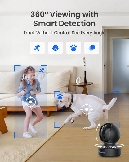 REOLINK Indoor Security Camera Support 2.4/5 GHz Wi-Fi, E1 Pro 4MP HD Plug-in Pet Camera, 360 Degree Baby/Pet Monitor with Auto Tracking, Person/Pet Detection, Night Vision, 2-way Audio, Local Storage