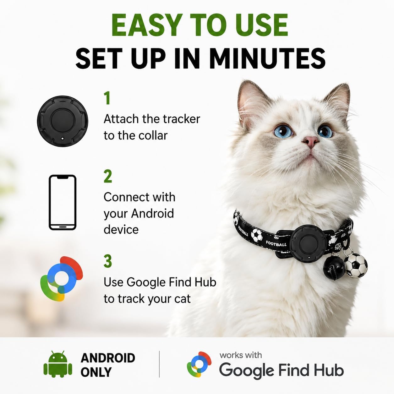 GPS Collar for Cats (Android Only) Pet Tracker, Soccer Style Smart Tag Compatible with Google Find My, Waterproof No Monthly Fee Cat Tracking Collar, Game Day Football Design for Pet Safety
