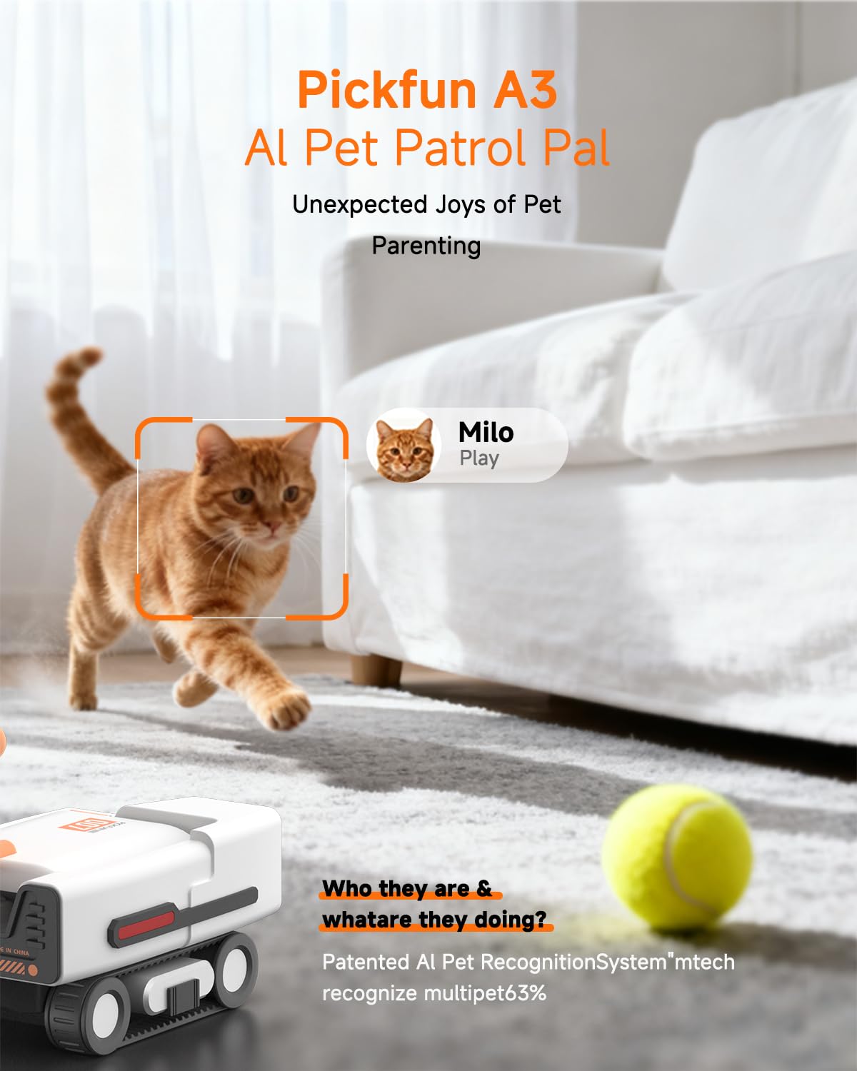 PICKFUN PMATE Self-Moving Pets Camera AI-Powered Rover with Auto Tracking & Patrol, 2K Live View, Night Vision, 2-Way Talk, and Auto-Recharge