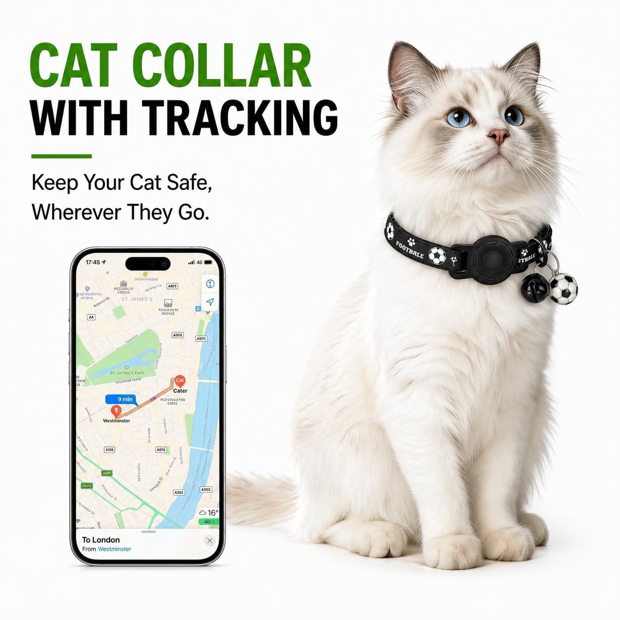 GPS Collar for Cats (Android Only) Pet Tracker, Soccer Style Smart Tag Compatible with Google Find My, Waterproof No Monthly Fee Cat Tracking Collar, Game Day Football Design for Pet Safety