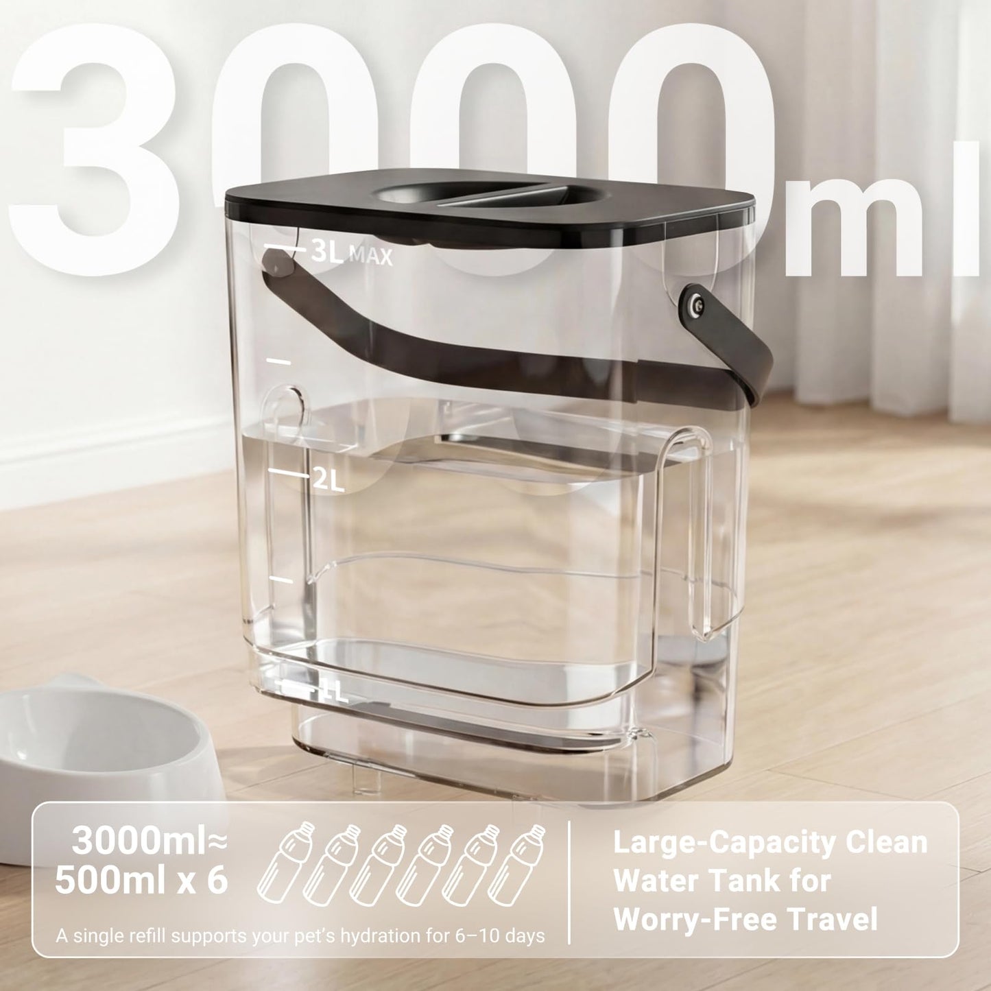 3L Filterless Cat Water Fountain, Wireless, Wastewater Separation