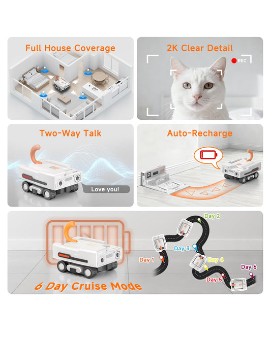 PICKFUN PMATE Self-Moving Pets Camera AI-Powered Rover with Auto Tracking & Patrol, 2K Live View, Night Vision, 2-Way Talk, and Auto-Recharge