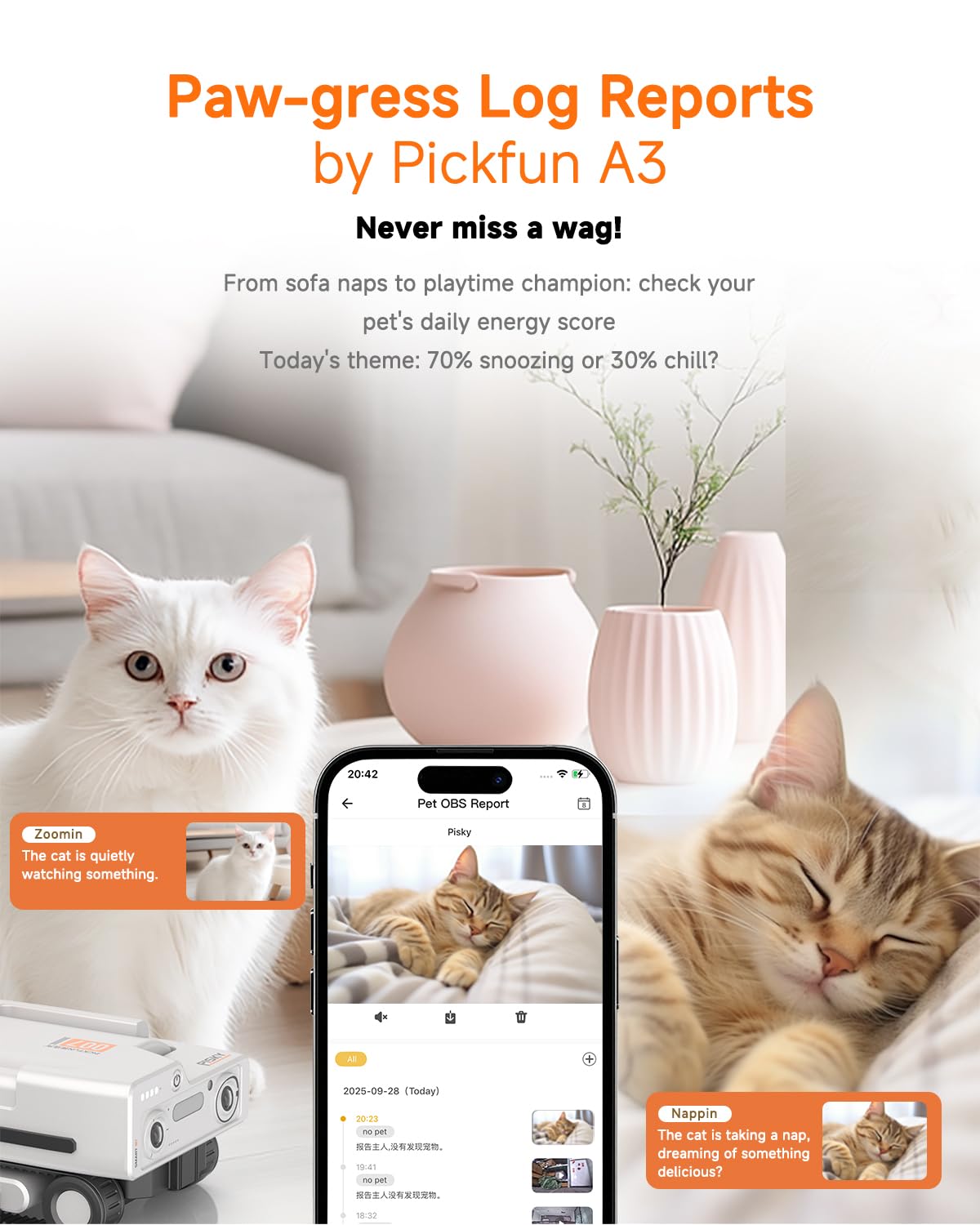 PICKFUN PMATE Self-Moving Pets Camera AI-Powered Rover with Auto Tracking & Patrol, 2K Live View, Night Vision, 2-Way Talk, and Auto-Recharge