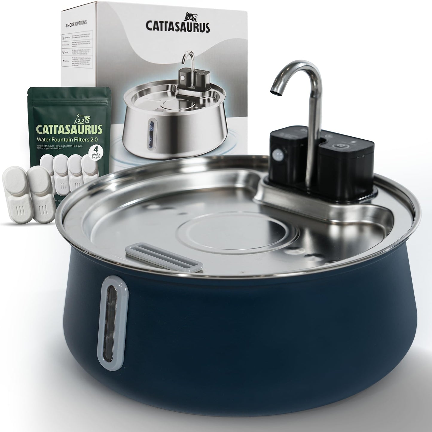 Cattasaurus Wireless 304 Stainless Steel Cat Water Fountain with Filtration, Automatic Water Dispenser for Cats, 135oz Large Capacity, Dishwasher Safe