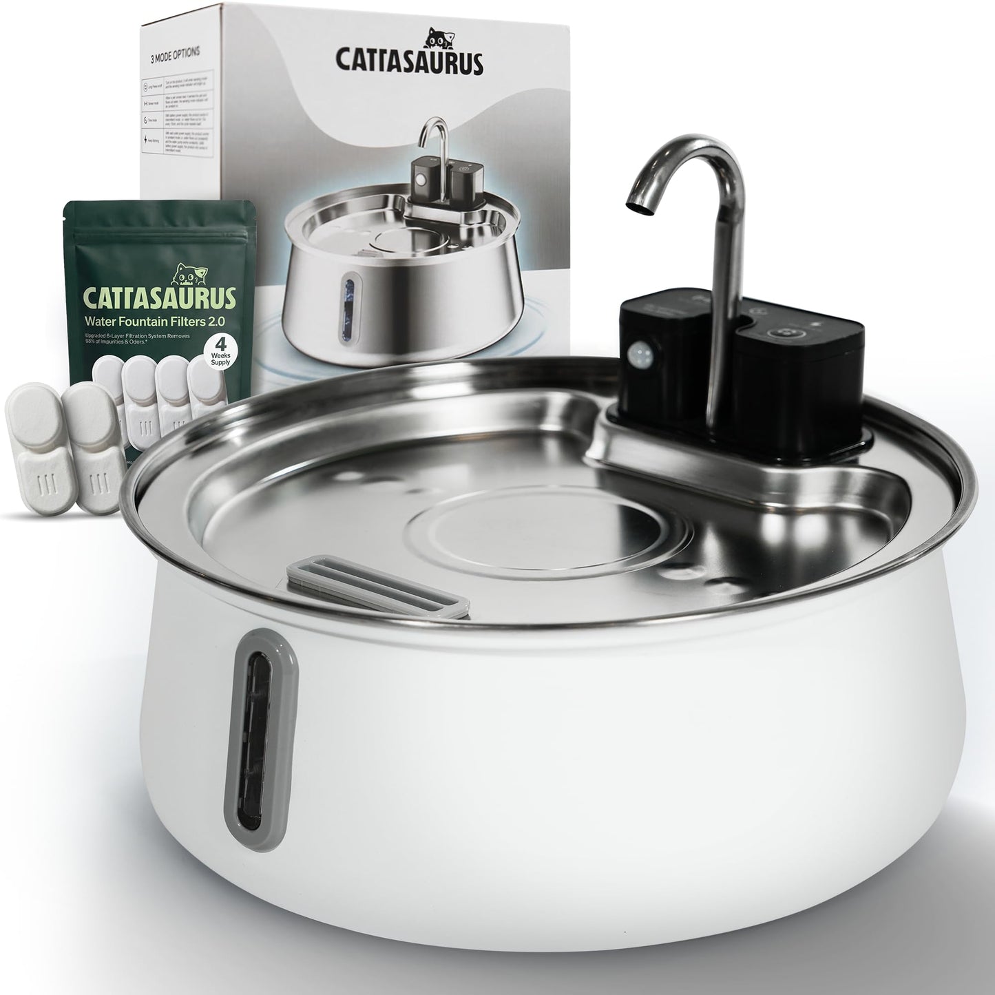 Cattasaurus Wireless 304 Stainless Steel Cat Water Fountain with Filtration, Automatic Water Dispenser for Cats, 135oz Large Capacity, Dishwasher Safe