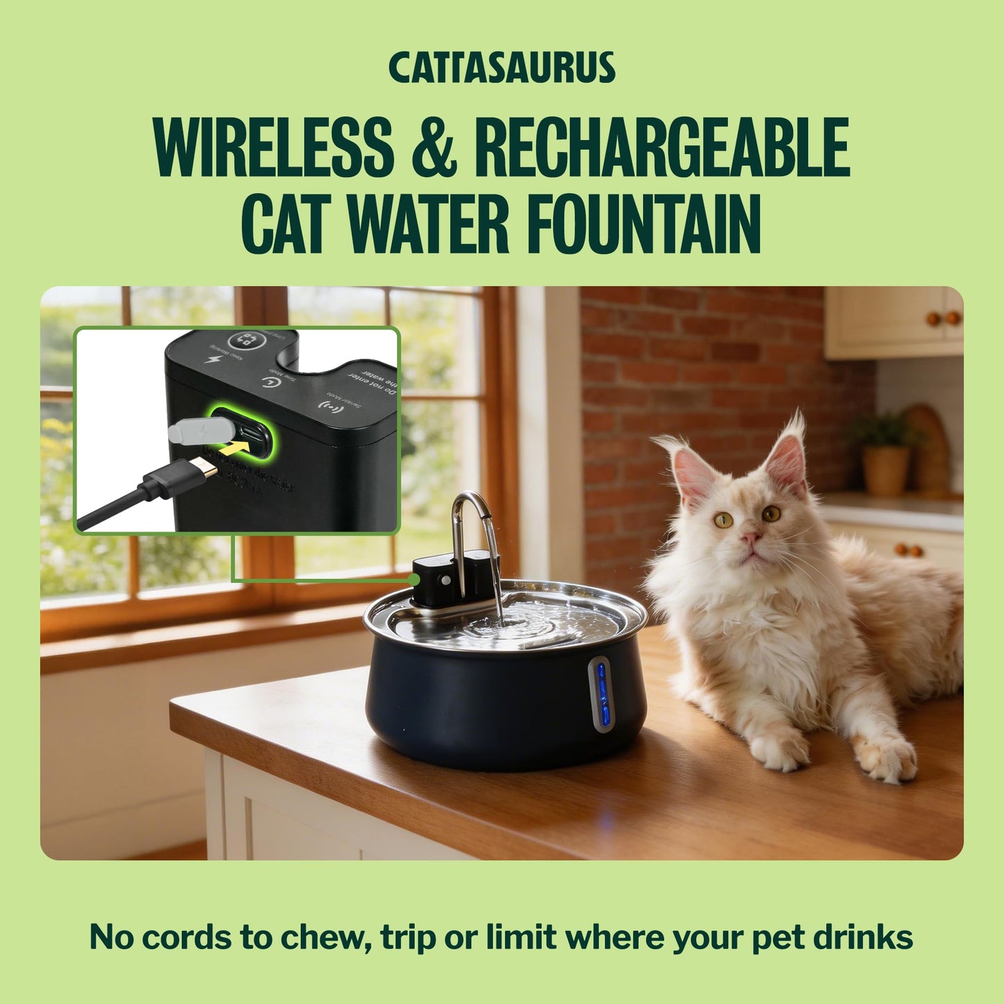 Cattasaurus Wireless 304 Stainless Steel Cat Water Fountain with Filtration, Automatic Water Dispenser for Cats, 135oz Large Capacity, Dishwasher Safe