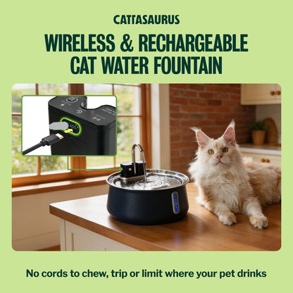Cattasaurus Wireless 304 Stainless Steel Cat Water Fountain with Filtration, Automatic Water Dispenser for Cats, 135oz Large Capacity, Dishwasher Safe