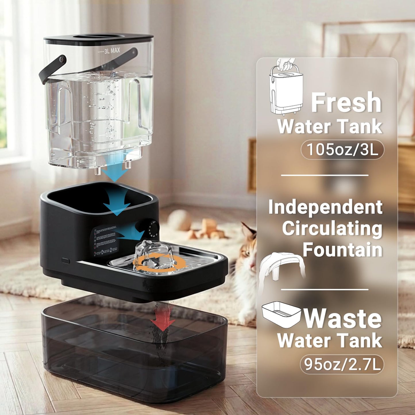 3L Filterless Cat Water Fountain, Wireless, Wastewater Separation