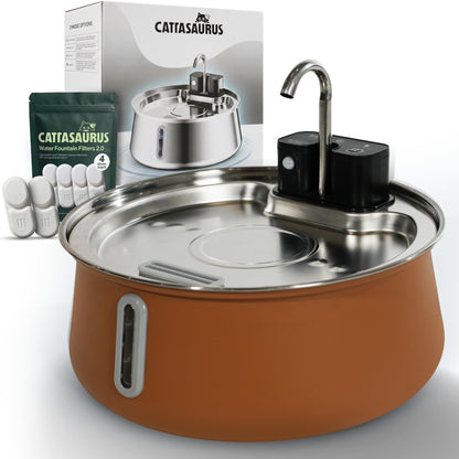 Cattasaurus Wireless 304 Stainless Steel Cat Water Fountain with Filtration, Automatic Water Dispenser for Cats, 135oz Large Capacity, Dishwasher Safe