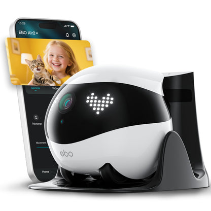 Indoor Security Camera Robot EBO Air 2: 2K Pet Camera, Movable Home Robot, Custom Facial Expression, Auto-Recharge, Battery-Operated, 2-Way Talk, Night Vision, 32GB Memory Card