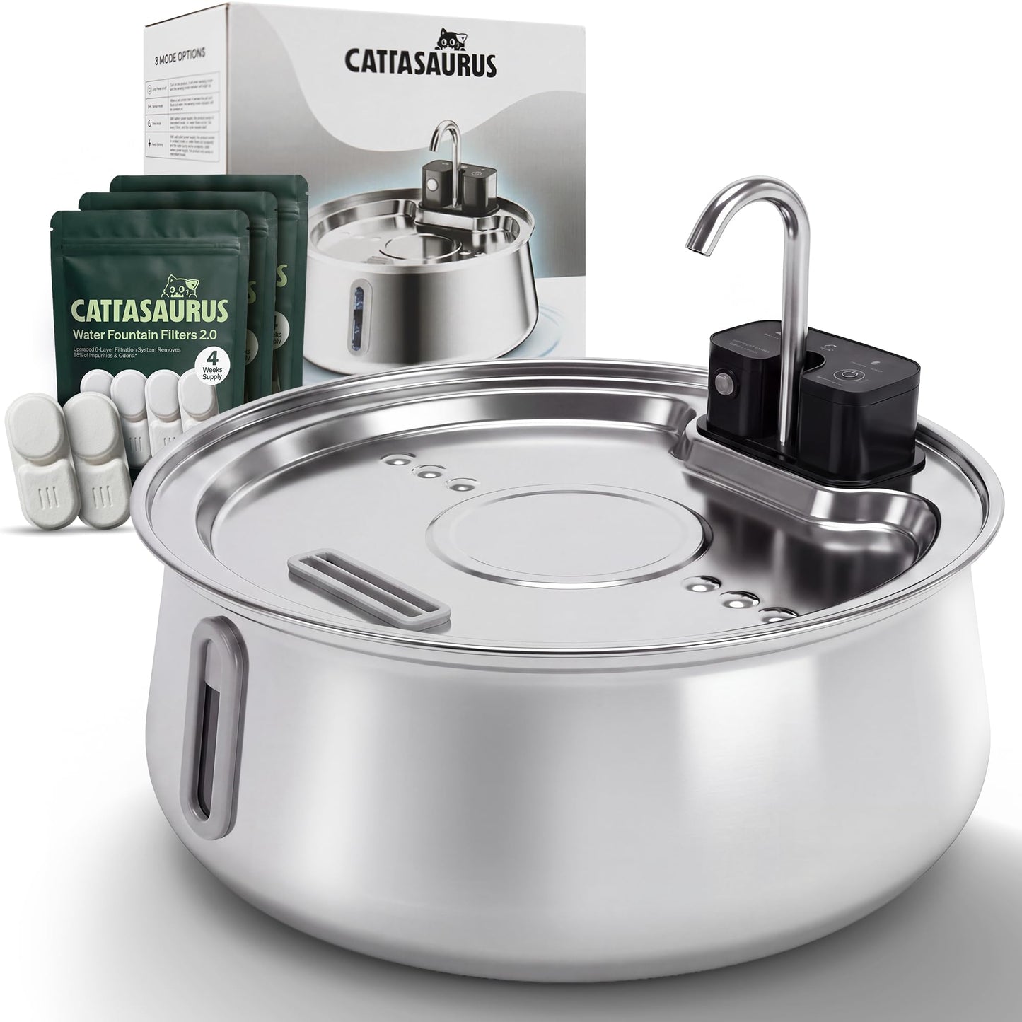 Cattasaurus Wireless 304 Stainless Steel Cat Water Fountain with Filtration, Automatic Water Dispenser for Cats, 135oz Large Capacity, Dishwasher Safe