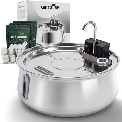 Cattasaurus Wireless 304 Stainless Steel Cat Water Fountain with Filtration, Automatic Water Dispenser for Cats, 135oz Large Capacity, Dishwasher Safe