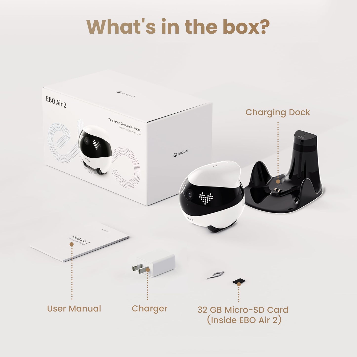 Indoor Security Camera Robot EBO Air 2: 2K Pet Camera, Movable Home Robot, Custom Facial Expression, Auto-Recharge, Battery-Operated, 2-Way Talk, Night Vision, 32GB Memory Card