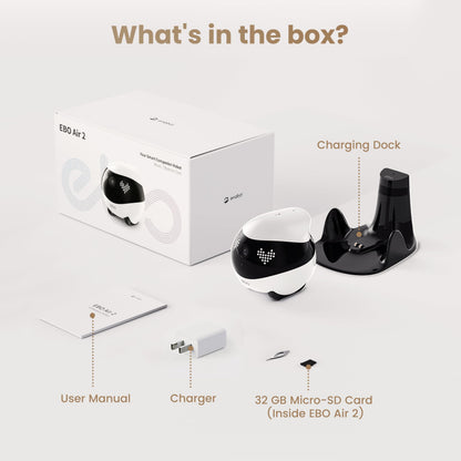 Indoor Security Camera Robot EBO Air 2: 2K Pet Camera, Movable Home Robot, Custom Facial Expression, Auto-Recharge, Battery-Operated, 2-Way Talk, Night Vision, 32GB Memory Card