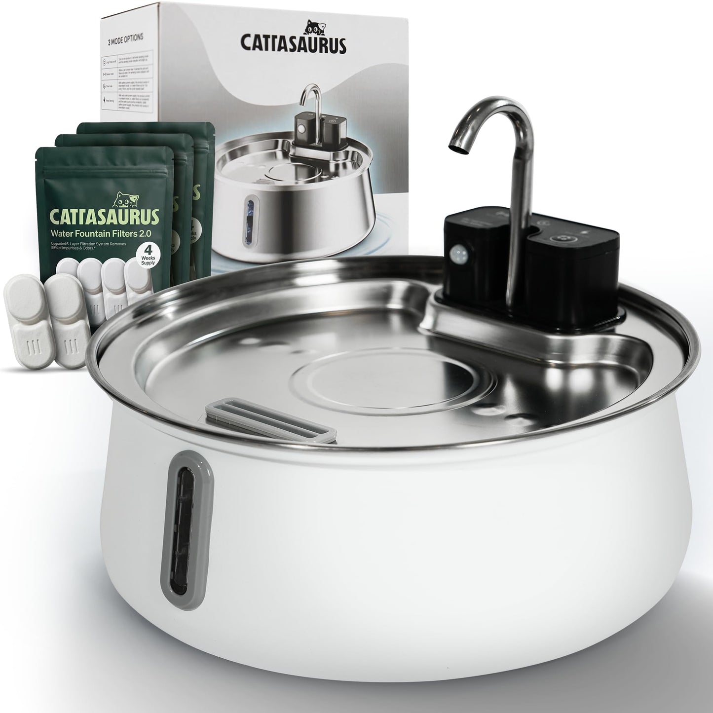 Cattasaurus Wireless 304 Stainless Steel Cat Water Fountain with Filtration, Automatic Water Dispenser for Cats, 135oz Large Capacity, Dishwasher Safe