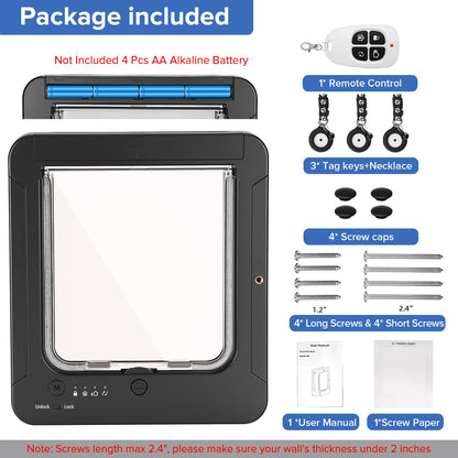 Smart Cat Door for Interior & Exterior, Cat Pet Door with 3 Collar Sensor Keys & 1 Remote Control & 4 Way Locking Cat Flap with RFID Collar Activated Opening (Black)