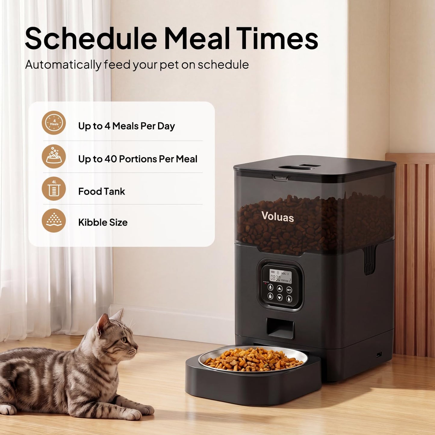 VOLUAS Automatic Cat Feeder, Timed Dry Food Dispenser for Cats & Dogs