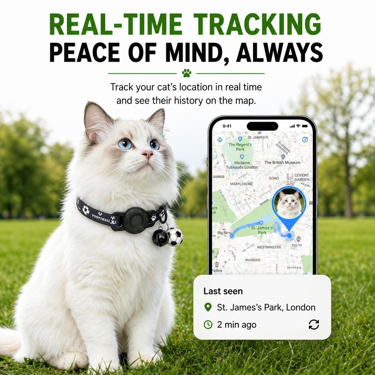 GPS Collar for Cats (Android Only) Pet Tracker, Soccer Style Smart Tag Compatible with Google Find My, Waterproof No Monthly Fee Cat Tracking Collar, Game Day Football Design for Pet Safety