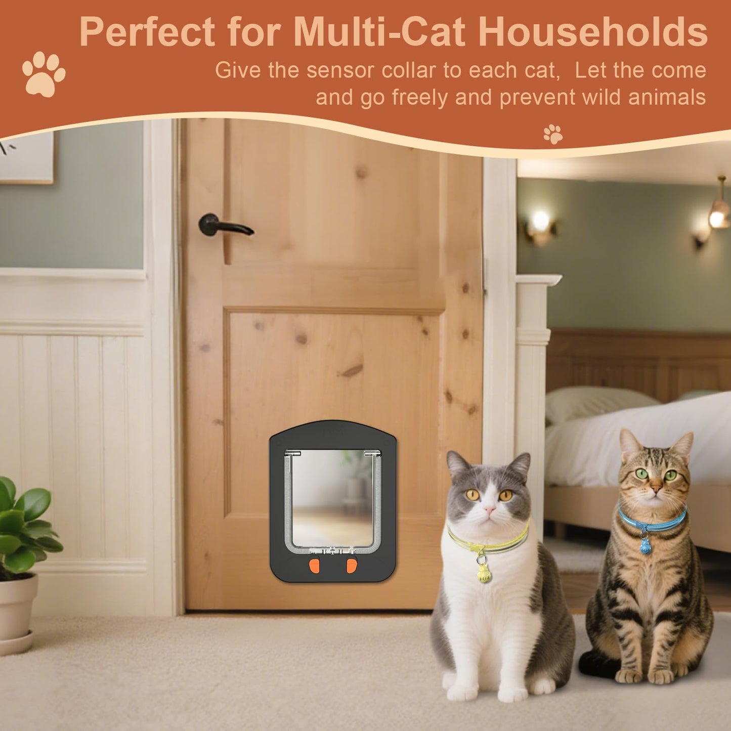 Cat Door for Interior Door and Exterior Door with Magnetic Flap, 4 Way Locking