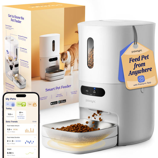 Pawsync Automatic Cat Feeder with App, Smart Scale Tracking, Custom Feeding Schedules, 3.6L Capacity for Cats & Small Dogs, Up to 10 Meals/Day, Stainless Steel Bowl, Desiccant Bag, Dual Power Supply
