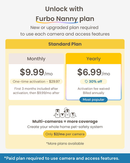 Furbo 360° Dog Camera + Mini [New Subscription Required at Setup] 2-Camera Bundle Nanny Subscription: Dog Safety & Home Security Alerts, Pet Camera with Speaker, Phone App & Night Vision