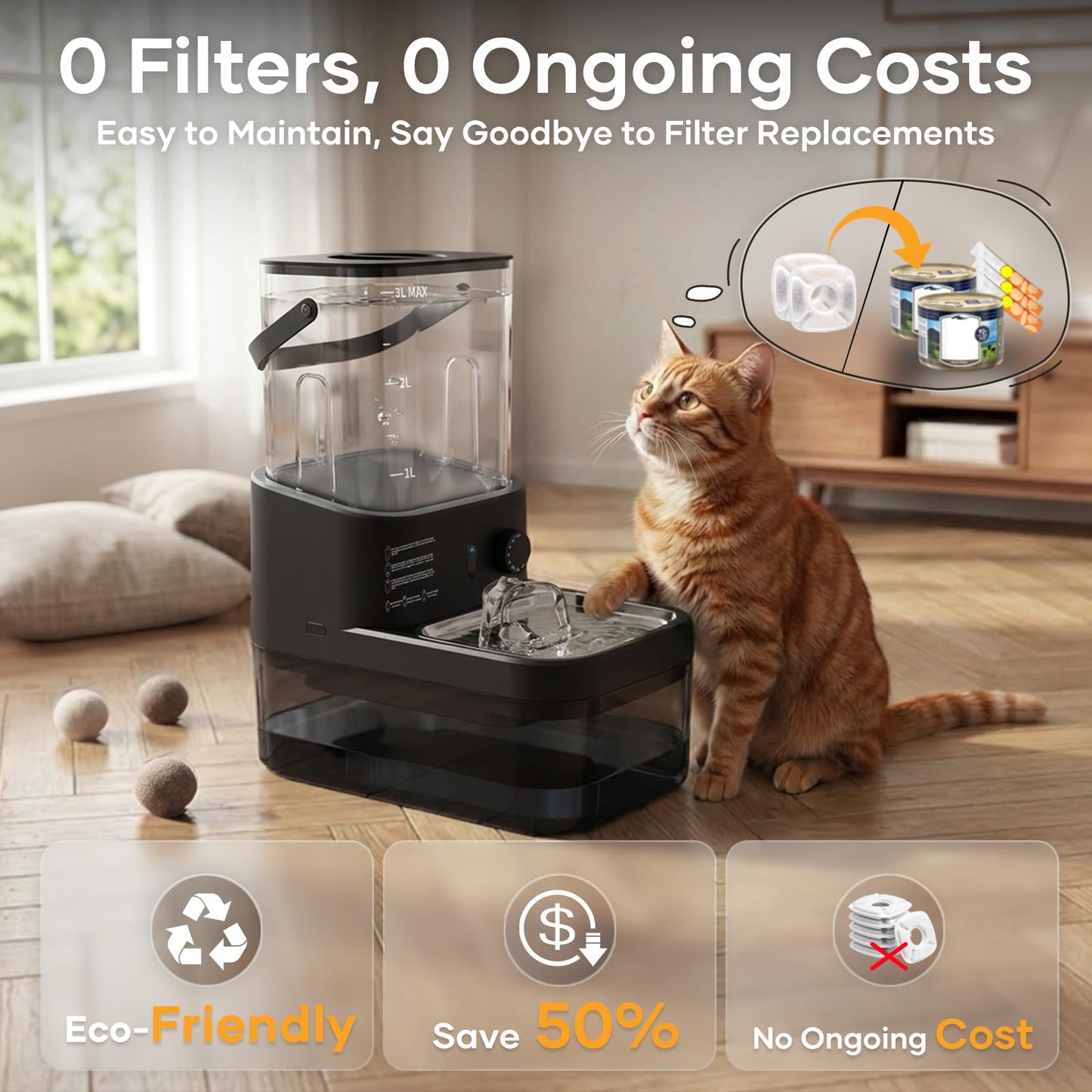 3L Filterless Cat Water Fountain, Wireless, Wastewater Separation