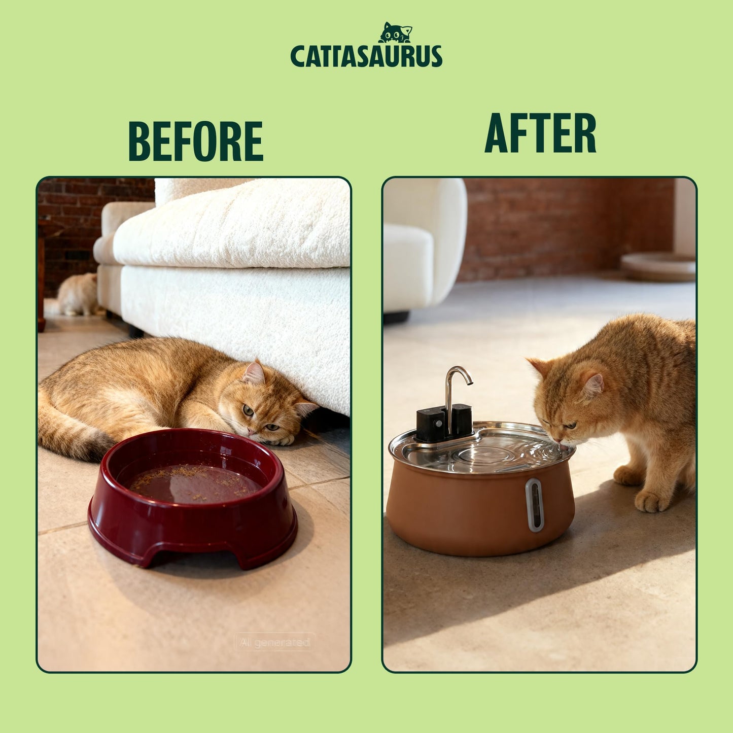 Cattasaurus Wireless 304 Stainless Steel Cat Water Fountain with Filtration, Automatic Water Dispenser for Cats, 135oz Large Capacity, Dishwasher Safe