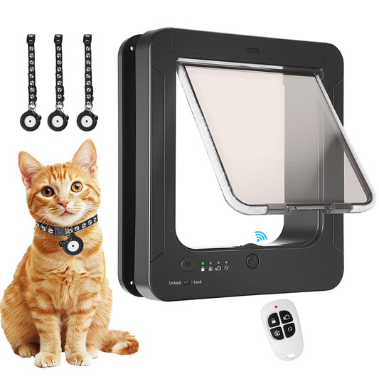 Smart Cat Door for Interior & Exterior, Cat Pet Door with 3 Collar Sensor Keys & 1 Remote Control & 4 Way Locking Cat Flap with RFID Collar Activated Opening (Black)