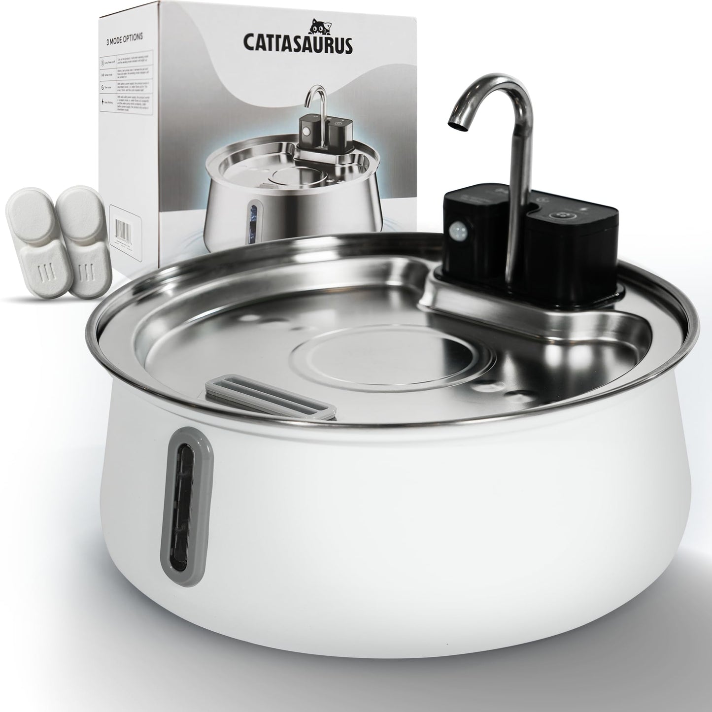 Cattasaurus Wireless 304 Stainless Steel Cat Water Fountain with Filtration, Automatic Water Dispenser for Cats, 135oz Large Capacity, Dishwasher Safe