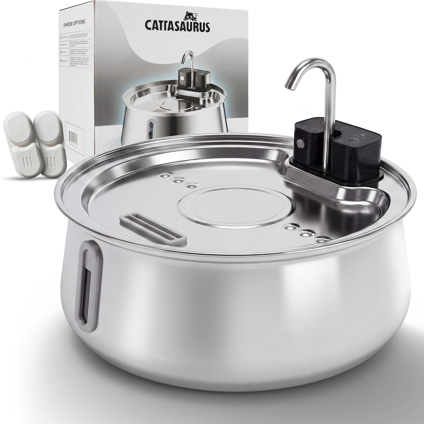 Cattasaurus Wireless 304 Stainless Steel Cat Water Fountain with Filtration, Automatic Water Dispenser for Cats, 135oz Large Capacity, Dishwasher Safe