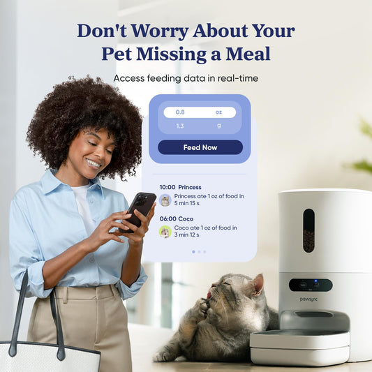 Pawsync Automatic Cat Feeder with App, Smart Scale Tracking, Custom Feeding Schedules, 3.6L Capacity for Cats & Small Dogs, Up to 10 Meals/Day, Stainless Steel Bowl, Desiccant Bag, Dual Power Supply