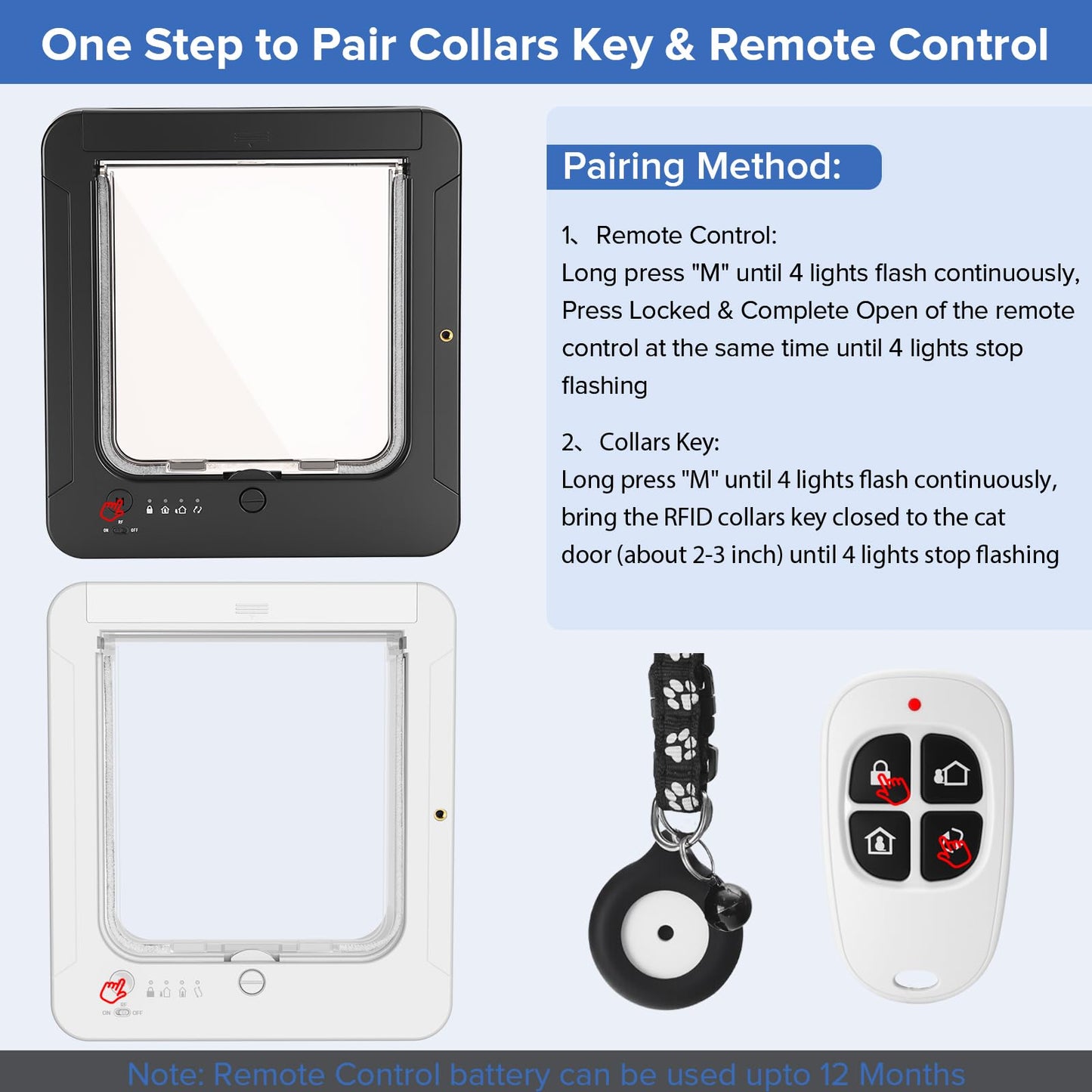 Smart Cat Door for Interior & Exterior, Cat Pet Door with 3 Collar Sensor Keys & 1 Remote Control & 4 Way Locking Cat Flap with RFID Collar Activated Opening (Black)