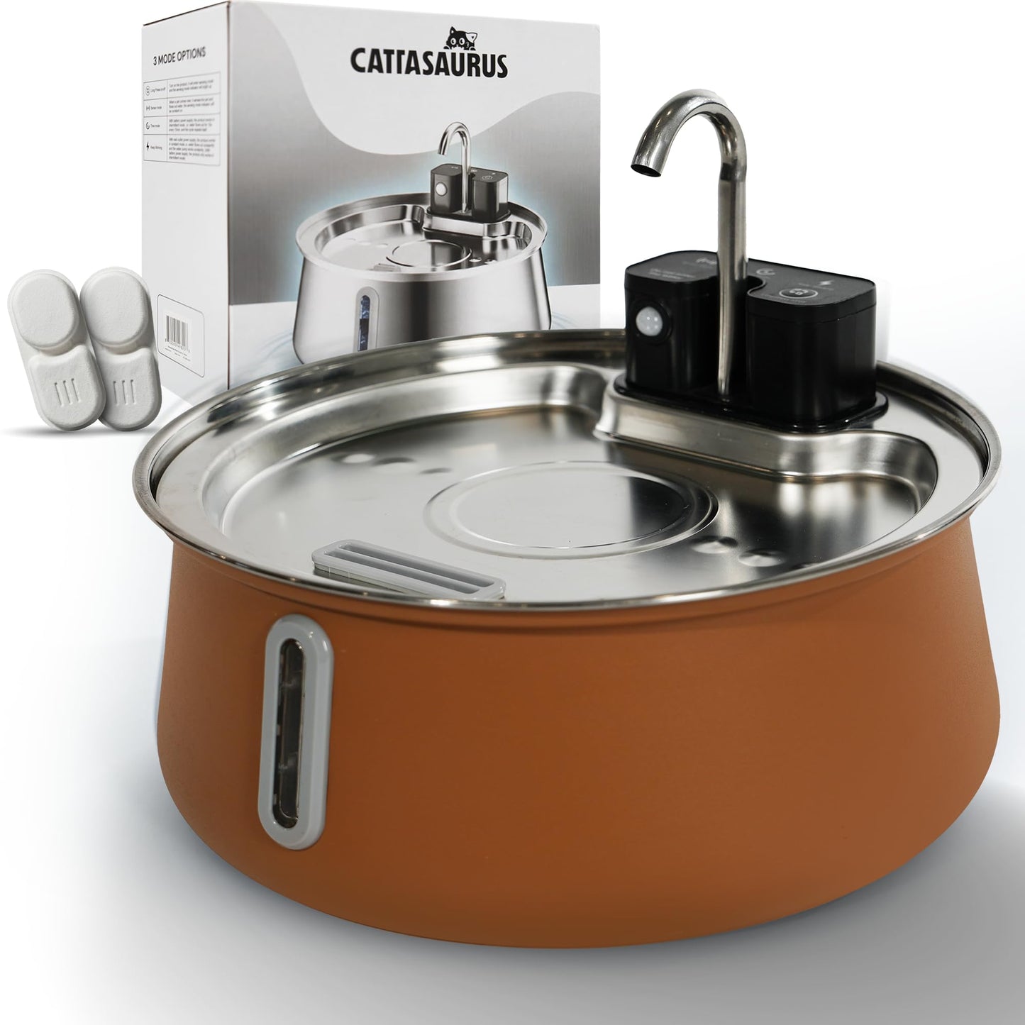 Cattasaurus Wireless 304 Stainless Steel Cat Water Fountain with Filtration, Automatic Water Dispenser for Cats, 135oz Large Capacity, Dishwasher Safe