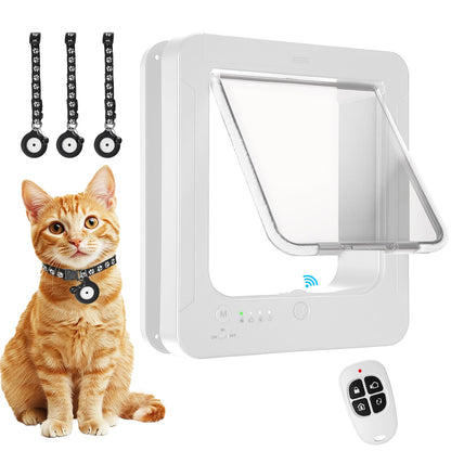 Smart Cat Door for Interior & Exterior, Cat Pet Door with 3 Collar Sensor Keys & 1 Remote Control & 4 Way Locking Cat Flap with RFID Collar Activated Opening (Black)