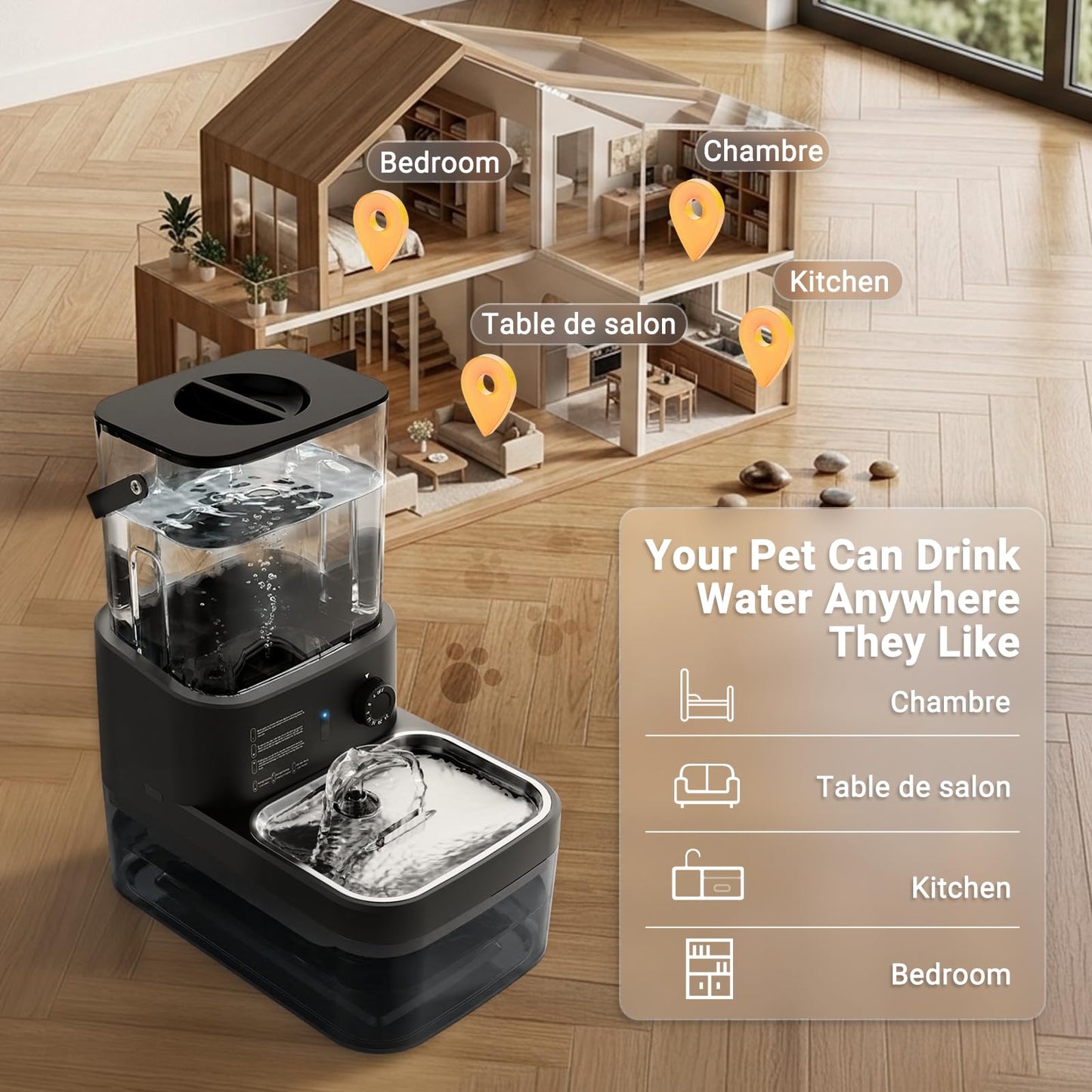 3L Filterless Cat Water Fountain, Wireless, Wastewater Separation