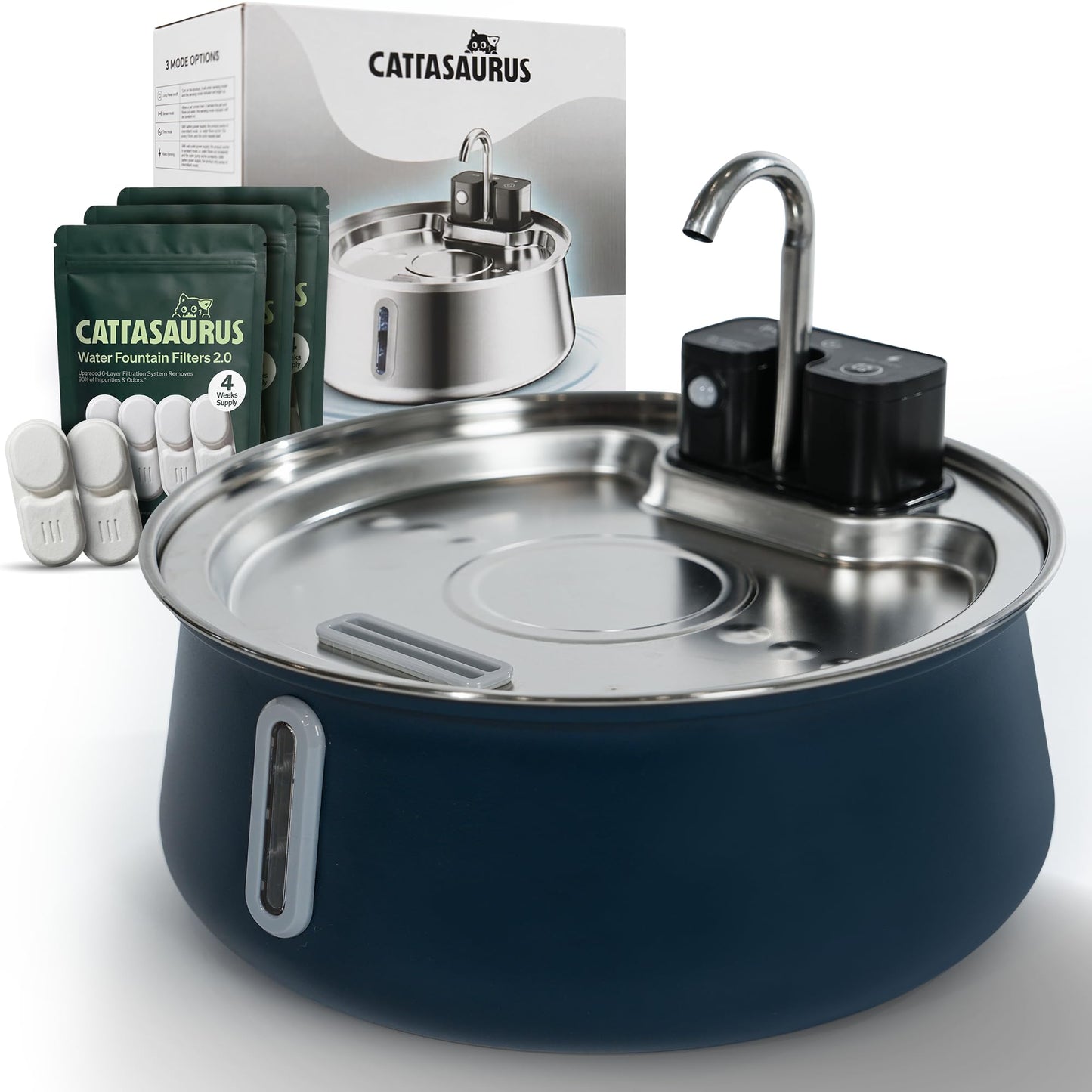 Cattasaurus Wireless 304 Stainless Steel Cat Water Fountain with Filtration, Automatic Water Dispenser for Cats, 135oz Large Capacity, Dishwasher Safe