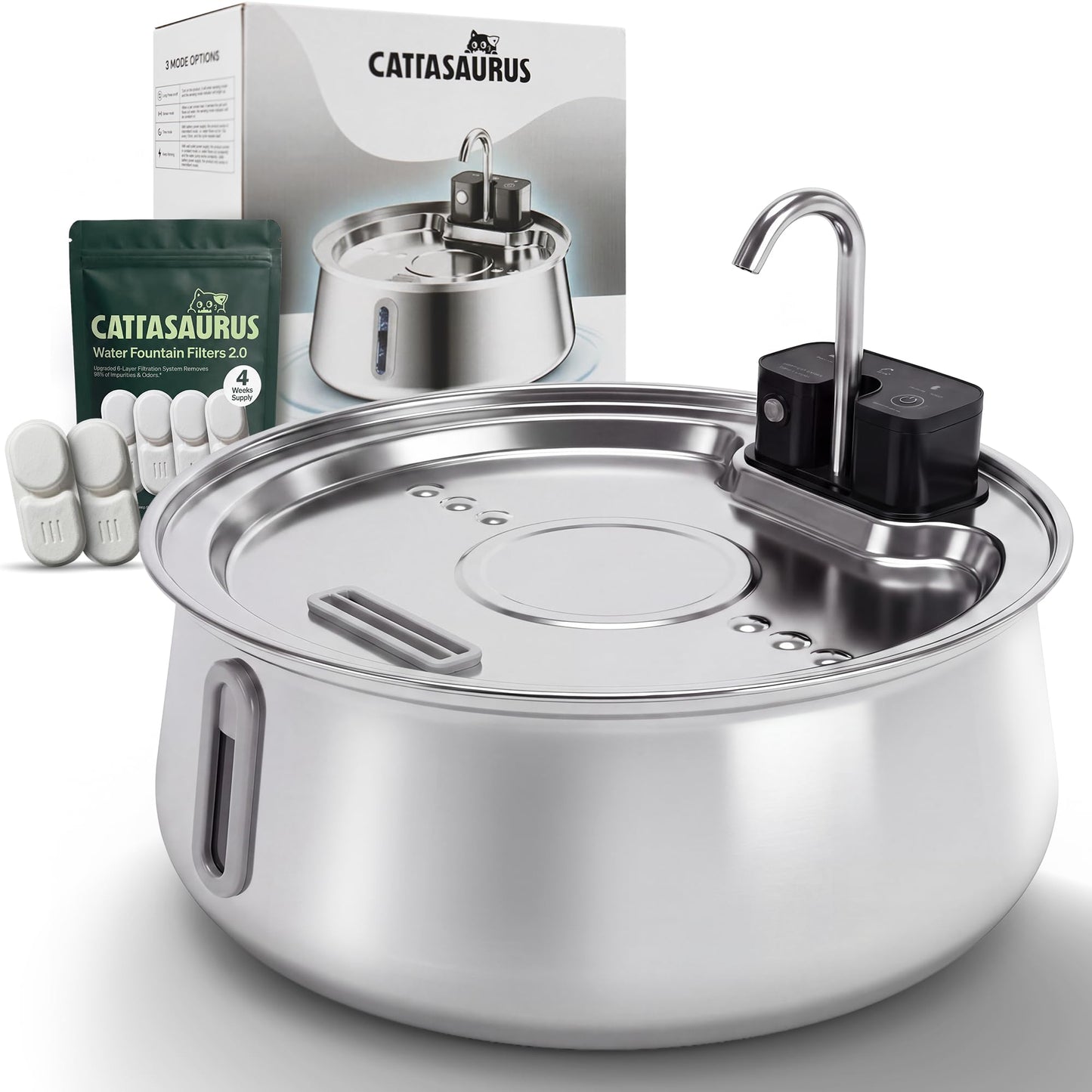 Cattasaurus Wireless 304 Stainless Steel Cat Water Fountain with Filtration, Automatic Water Dispenser for Cats, 135oz Large Capacity, Dishwasher Safe