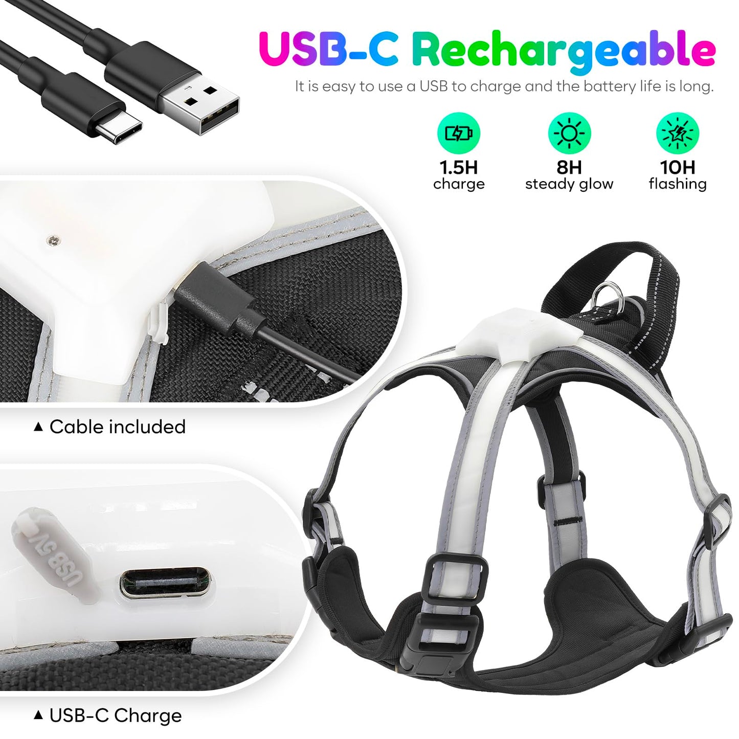 USB-C Rechargeable LED Dog Harness for Night Walking