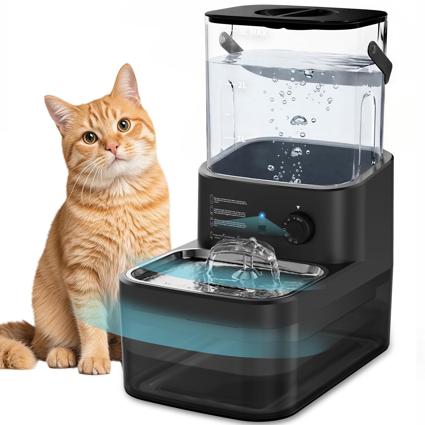 3L Filterless Cat Water Fountain, Wireless, Wastewater Separation
