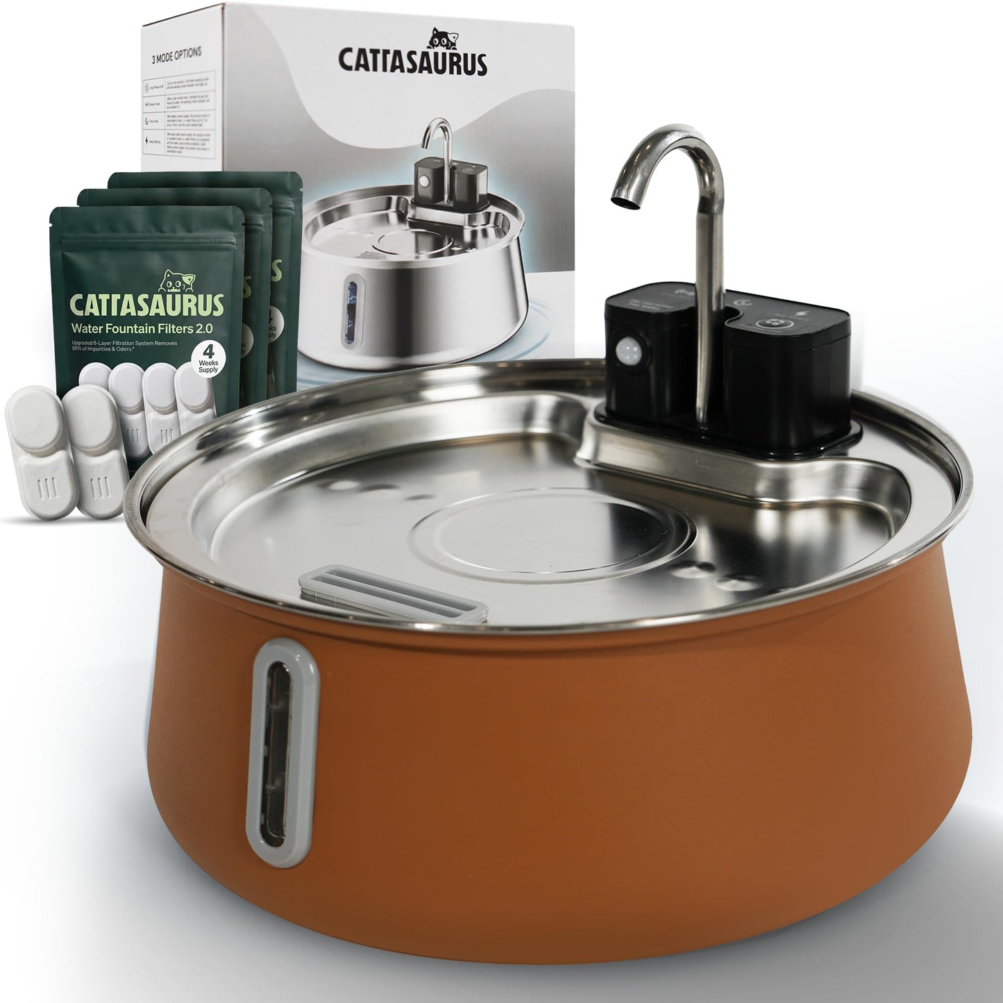Cattasaurus Wireless 304 Stainless Steel Cat Water Fountain with Filtration, Automatic Water Dispenser for Cats, 135oz Large Capacity, Dishwasher Safe