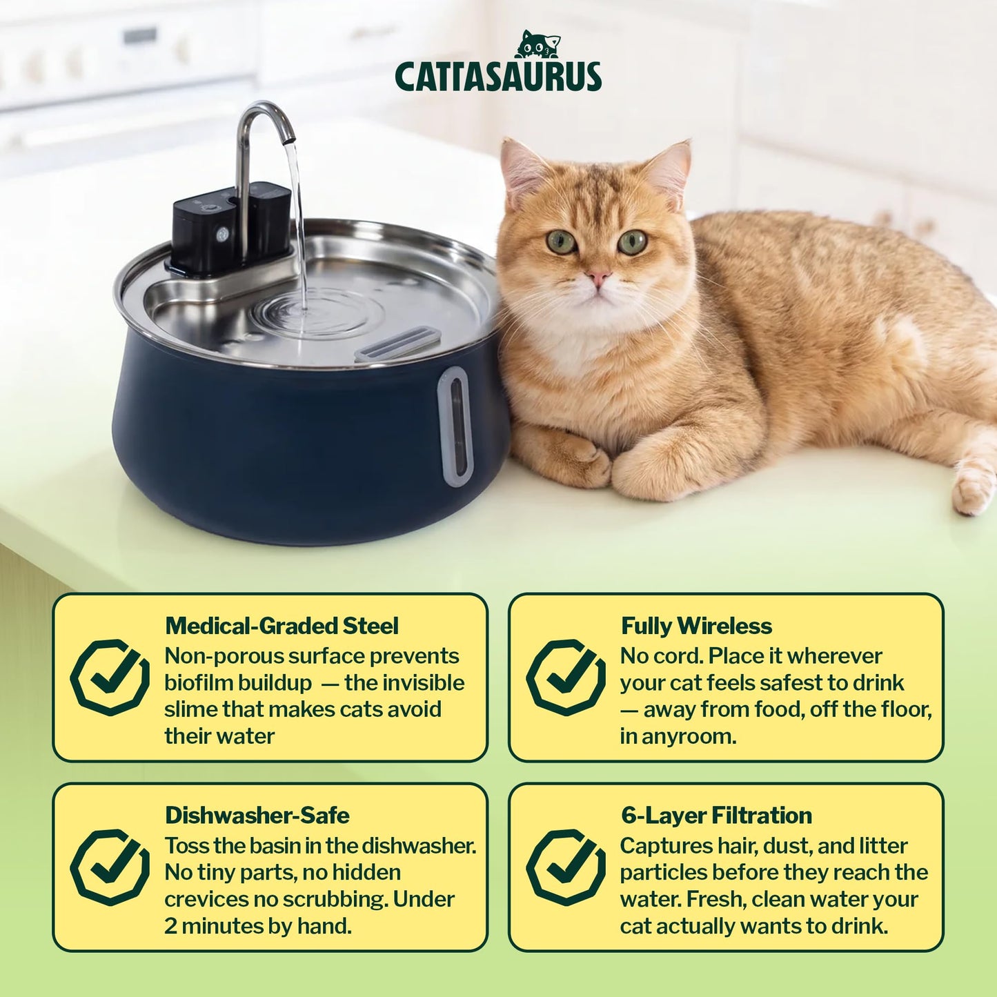 Cattasaurus Wireless 304 Stainless Steel Cat Water Fountain with Filtration, Automatic Water Dispenser for Cats, 135oz Large Capacity, Dishwasher Safe