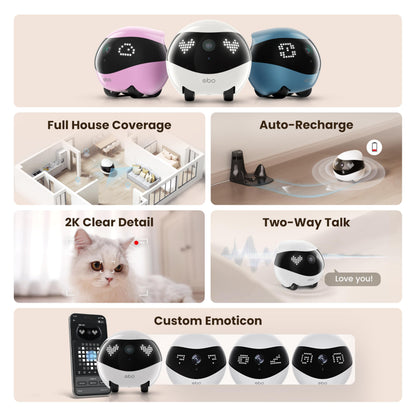 Indoor Security Camera Robot EBO Air 2: 2K Pet Camera, Movable Home Robot, Custom Facial Expression, Auto-Recharge, Battery-Operated, 2-Way Talk, Night Vision, 32GB Memory Card