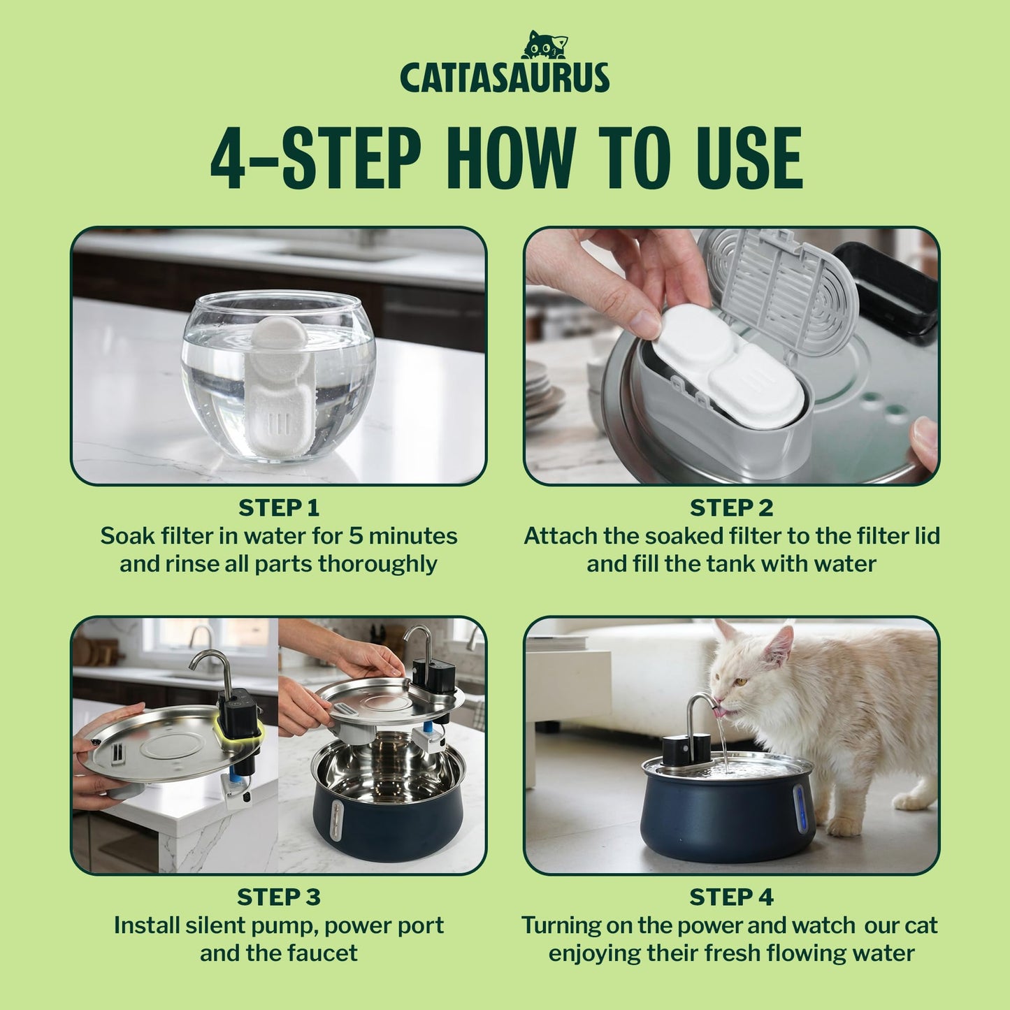 Cattasaurus Wireless 304 Stainless Steel Cat Water Fountain with Filtration, Automatic Water Dispenser for Cats, 135oz Large Capacity, Dishwasher Safe