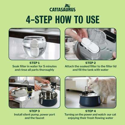 Cattasaurus Wireless 304 Stainless Steel Cat Water Fountain with Filtration, Automatic Water Dispenser for Cats, 135oz Large Capacity, Dishwasher Safe