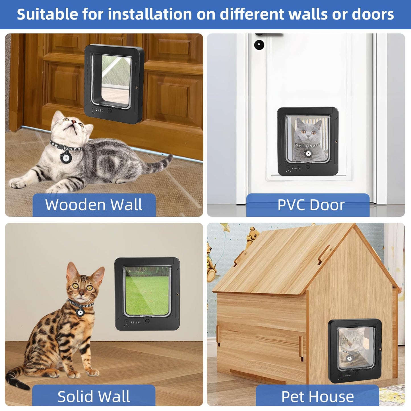 Smart Cat Door for Interior & Exterior, Cat Pet Door with 3 Collar Sensor Keys & 1 Remote Control & 4 Way Locking Cat Flap with RFID Collar Activated Opening (Black)