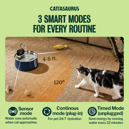 Cattasaurus Wireless 304 Stainless Steel Cat Water Fountain with Filtration, Automatic Water Dispenser for Cats, 135oz Large Capacity, Dishwasher Safe