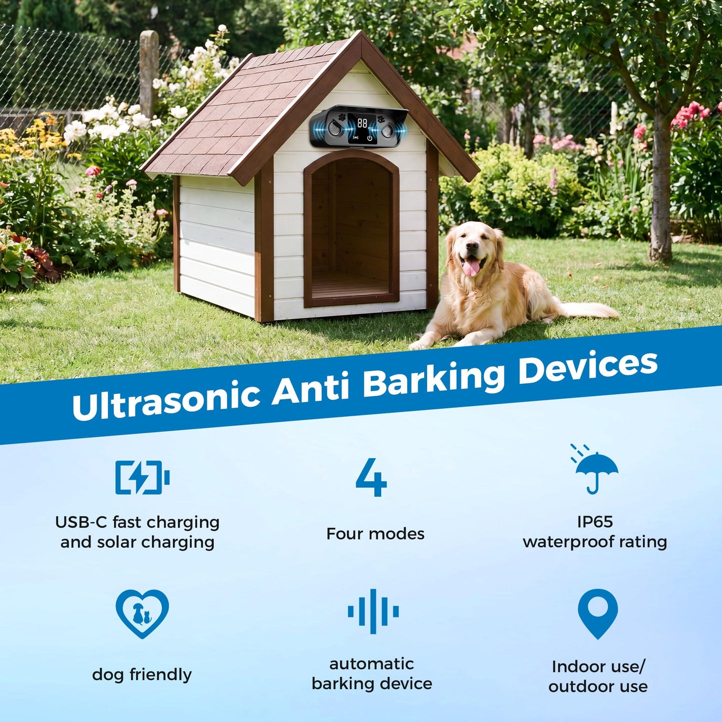 Solar Ultrasonic Dog Bark Deterrent with 50FT Range
