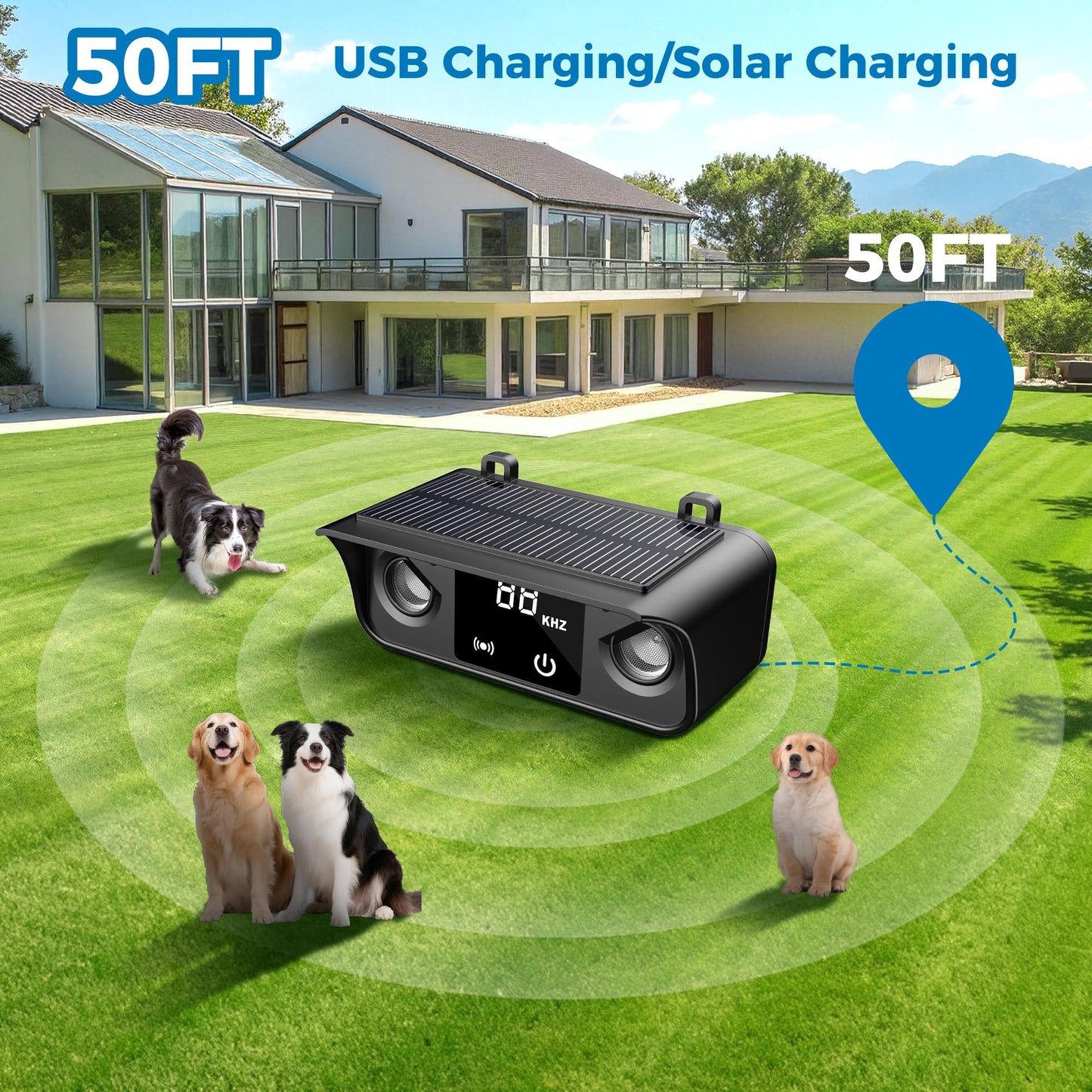 Solar Ultrasonic Dog Bark Deterrent with 50FT Range